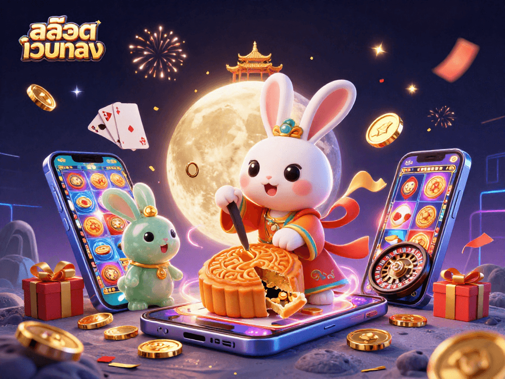 Experience the excitement of สล็อตเว็บตรง with the moon rabbit and rich casino elements in a vibrant 3D scene.