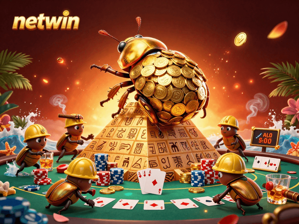 Engage in the netwin experience: a golden dung beetle rolls coins up a pyramid amid poker elements.