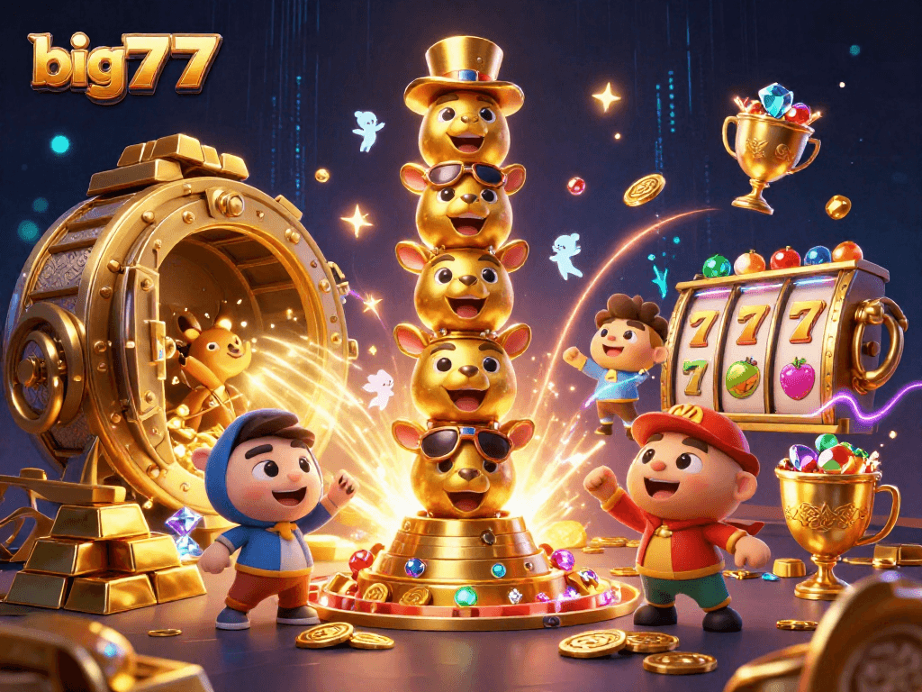 Engaging big777 slot scene showcasing vibrant treasures and a totem pole, vibrant with colors and energy.