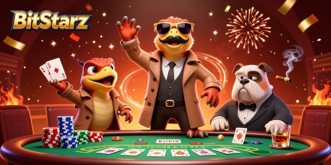 Three raptors in a trench coat humorously attempt entry into the BitStarz casino lounge.
