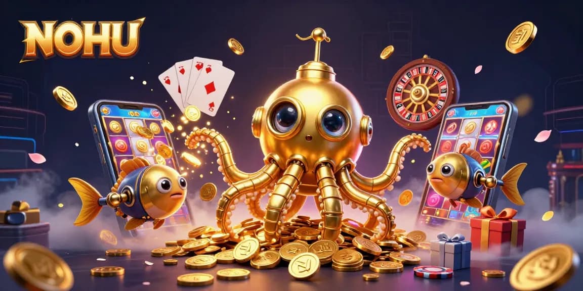 Engage with NOHU's thrilling gaming environment featuring a kraken submarine amidst golden coins.