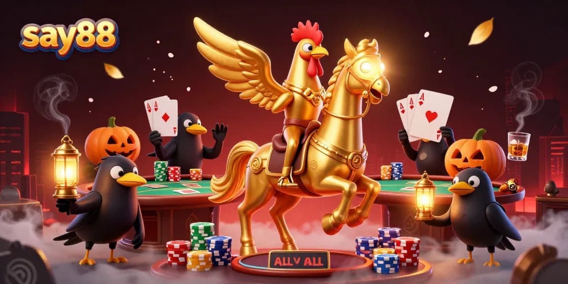 Engaging scene showcasing say88 with a golden rooster, poker elements, and casino ambiance
