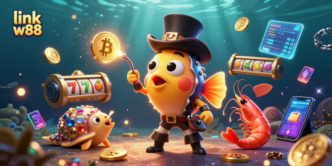 Khám phá link w88 với hình ảnh lôi cuốn của đại dương, cá anglerfish và những nhân vật vui nhộn trong casino.