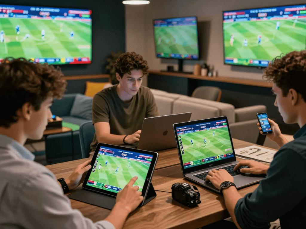 Engaged users exploring FairPlay id for live cricket betting on multiple devices in a vibrant lounge.