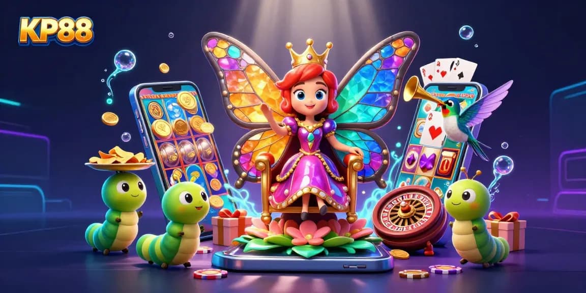 Experience KP88's vibrant casino world with a butterfly queen and endless gaming treasures.