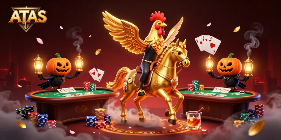 ATAS casino illustration featuring a golden rooster riding a spectral horse amid vibrant poker elements.