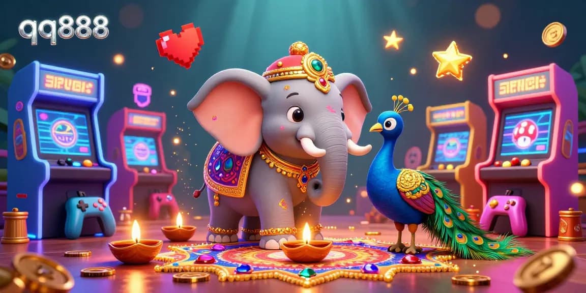 Engage in thrilling casino fun with qq888, featuring vibrant 3D illustrations of gaming elements and lively characters.