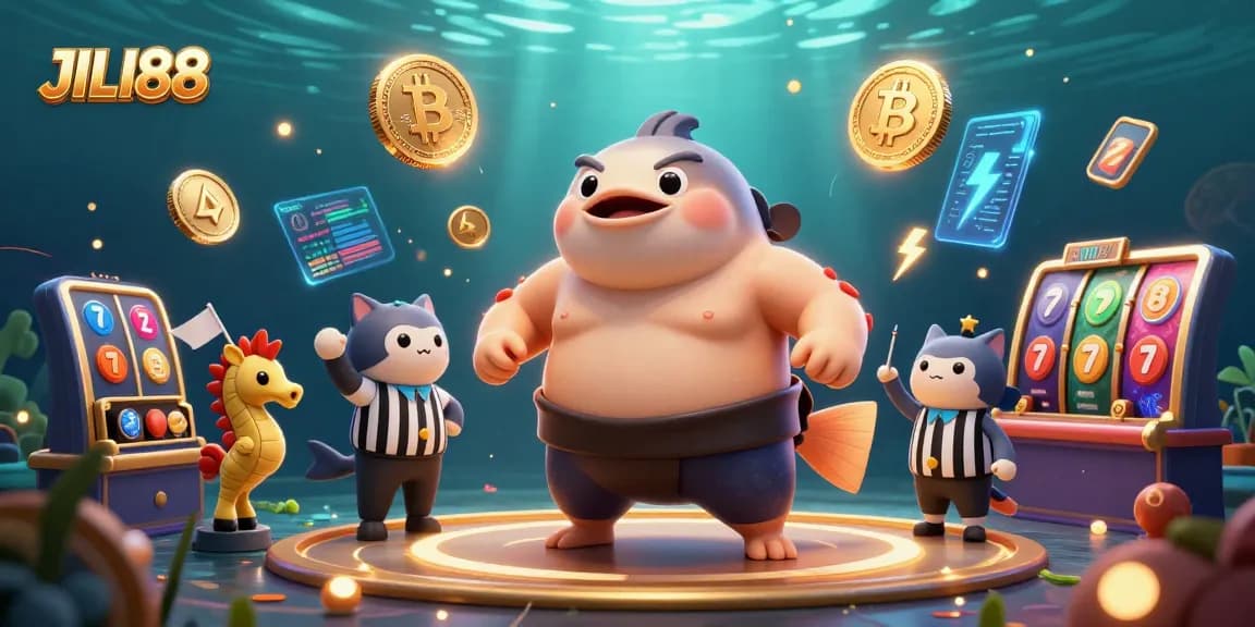 Experience thrilling actions at JILI88's vibrant casino underwater scene with cartoon characters and crypto elements.