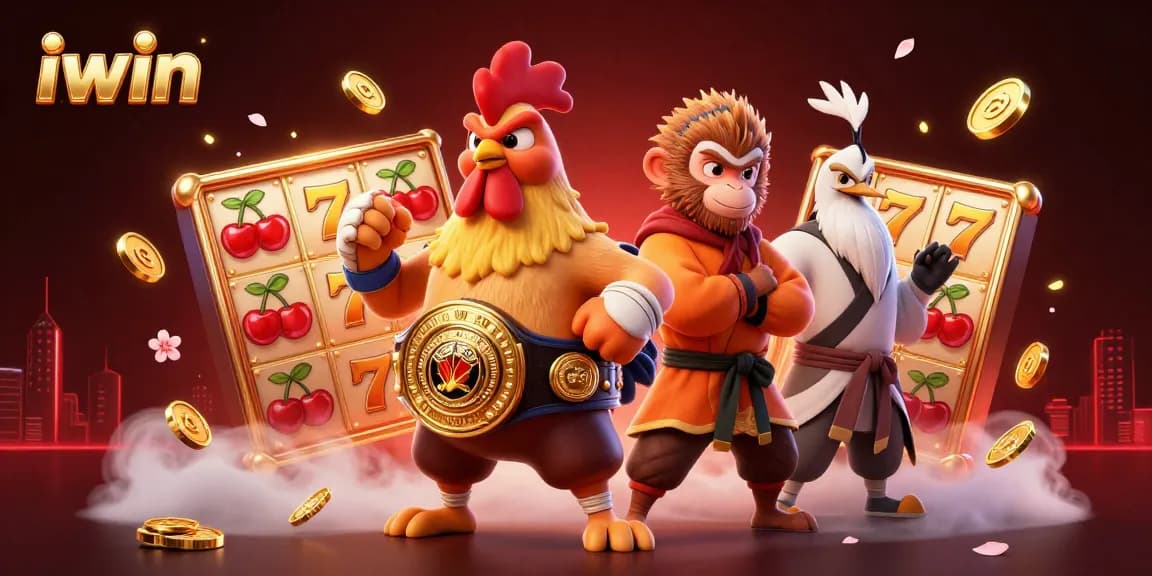 Play thrilling iwin slot games with a dynamic scene featuring cartoon characters and colorful casino elements.