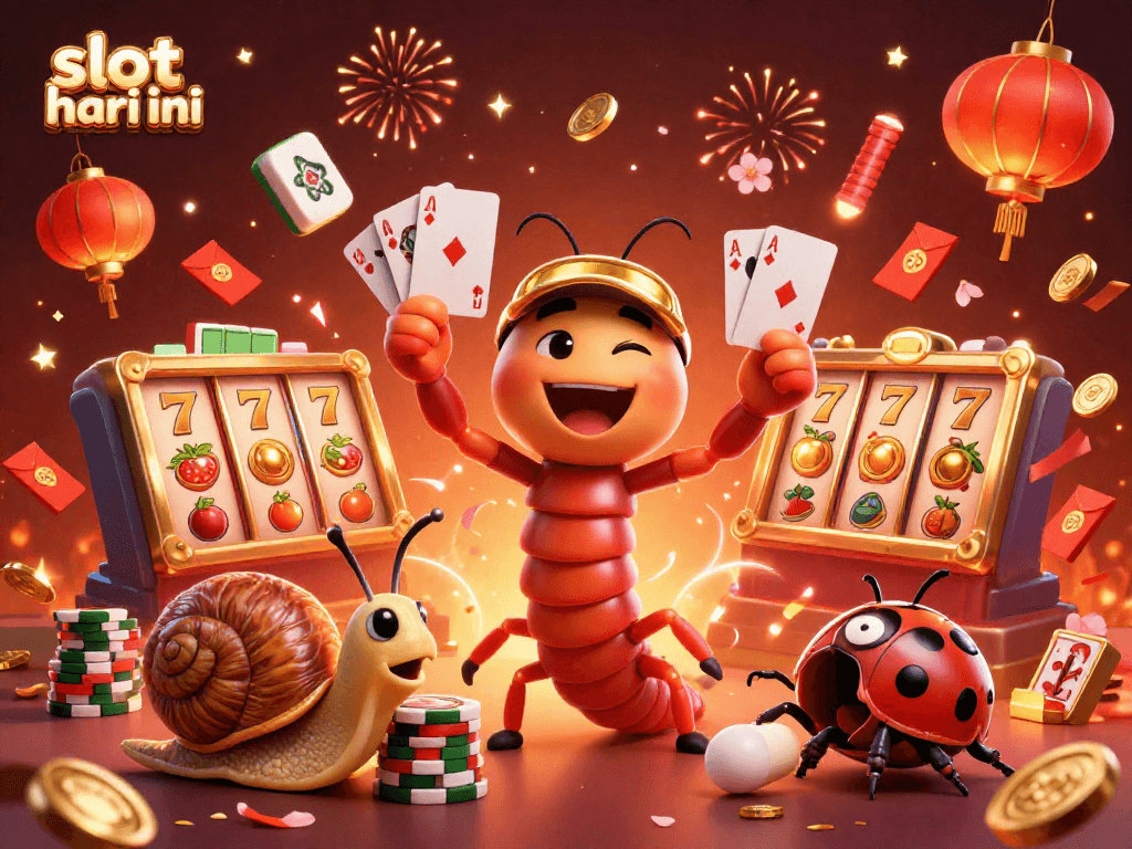 Slot gacor hari ini: dealer kartun milipede dan chip besar dalam suasana kasino yang meriah.