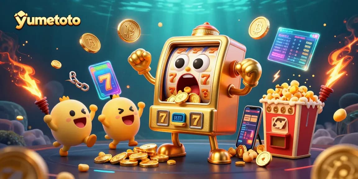 Experience big wins with yumetoto as golden slot machines hit jackpots, showcasing lively gaming excitement.