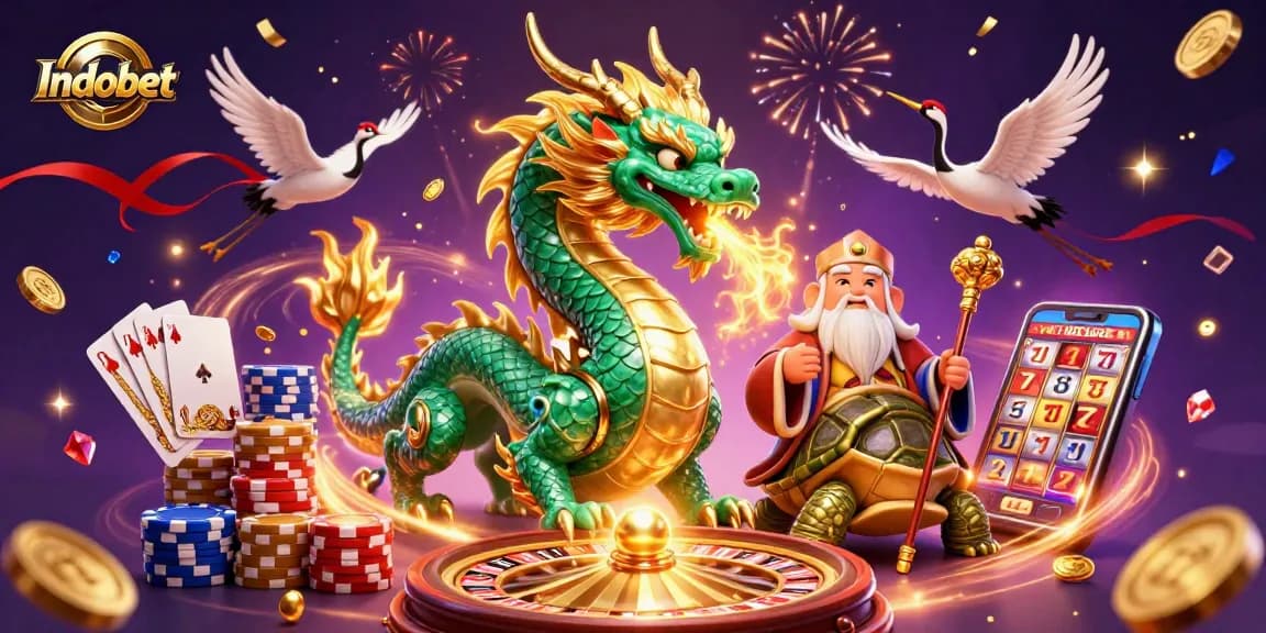 Gali pengalaman bermain Indobet dengan naga hijau giok dan simbol permainan yang berkilauan.