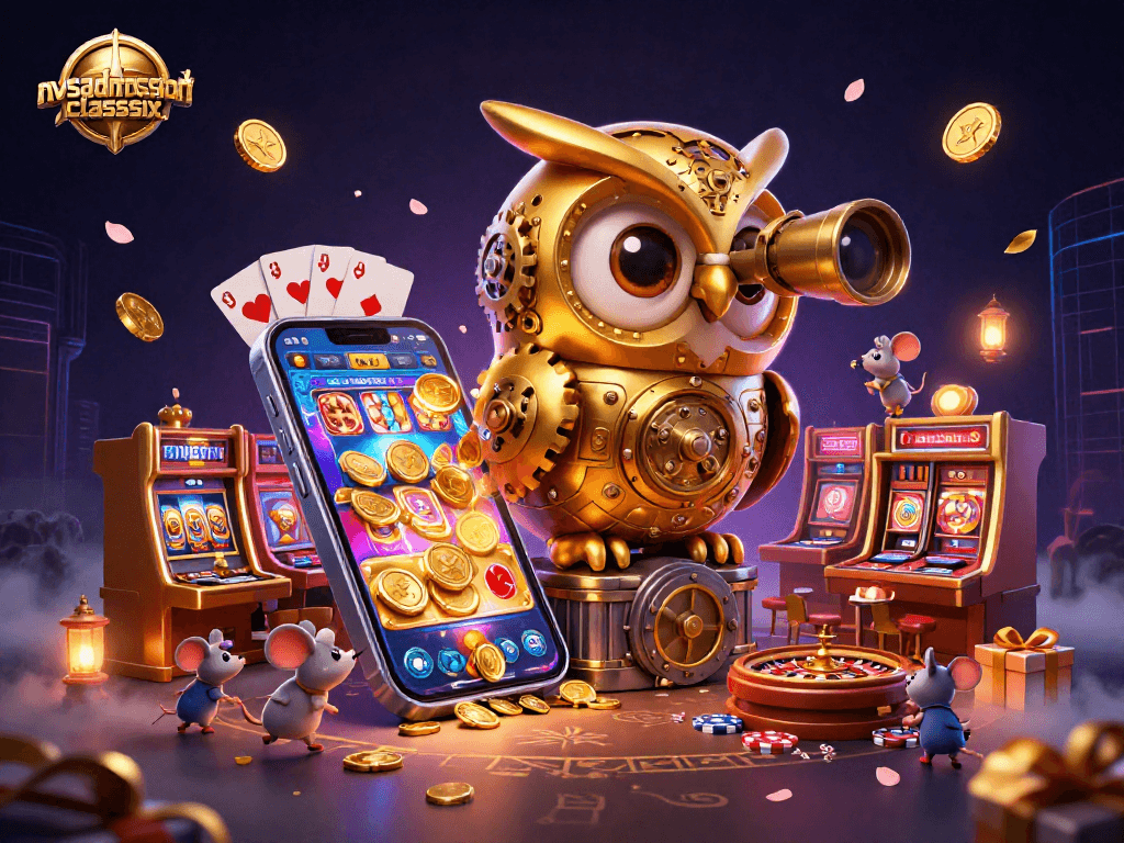 nvsadmissionclasssix showcases an animated golden owl and playful mice in a vibrant casino scene filled with games and excitement.
