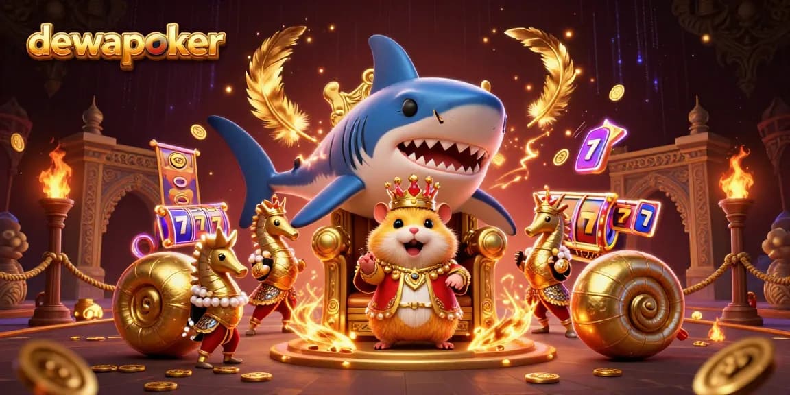 Dewapoker menampilkan raja hamster emas di takhta gigi megalodon dengan elemen permainan slot mengelilinginya.