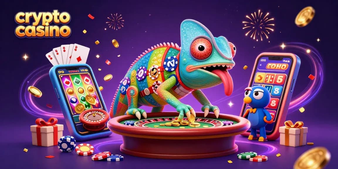 Experience the excitement of a crypto casino with a vibrant chameleon owner capturing wins!