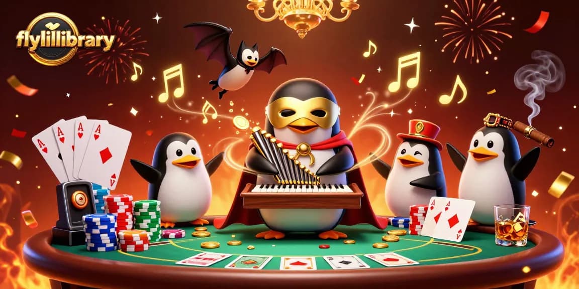 Flylillibrary menunjukkan penguin opera main organ yang mengeluarkan koin emas, menciptakan suasana kasino.