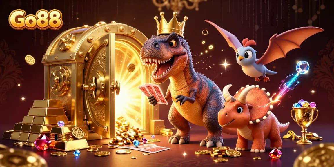 Go88 captures a playful T-Rex shuffling cards in a rich casino scene filled with treasures.