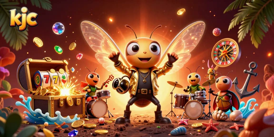 Engage with KJC's vibrant casino scene featuring a cicada rock star surrounded by exciting gambling elements.