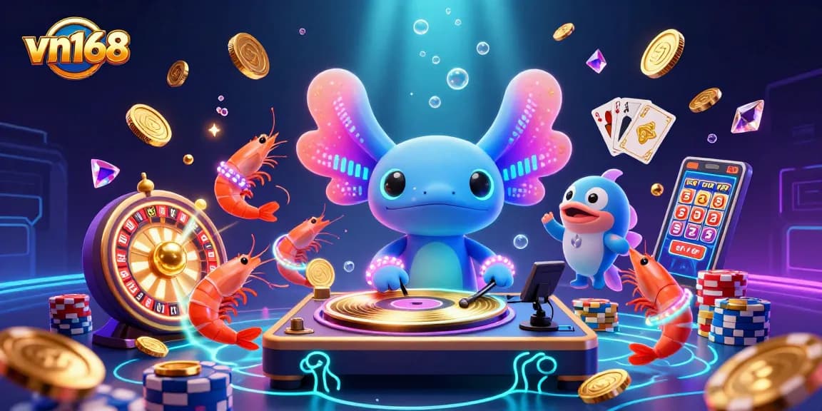 Spin to win with vn168 as a neon axolotl DJ entertains in a vibrant casino scene filled with rewards.