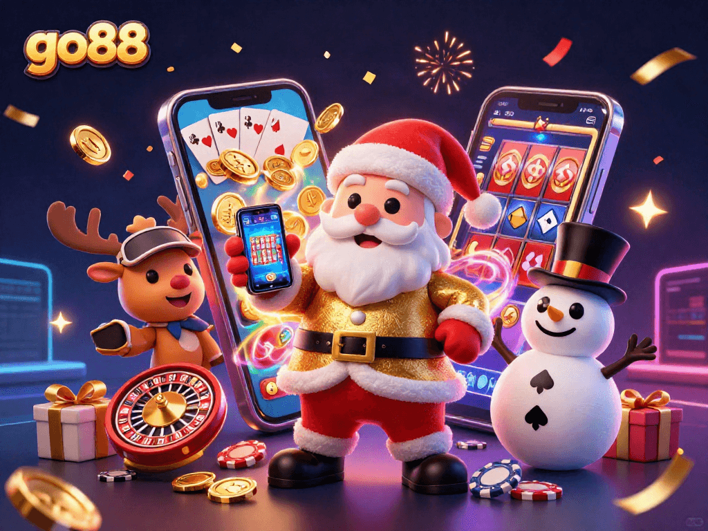 Experience go88's exciting slot games with a captivating Santa and festive characters.