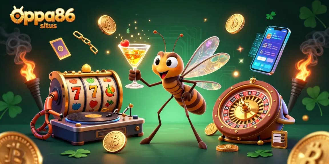 Engage with oppa86 situs through a vibrant 3D casino scene featuring animated characters in action.
