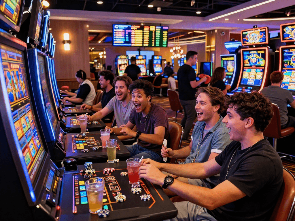 Slot depo 10k excitement in a vibrant casino environment with friends gathered around a colorful high-limit slot machine.