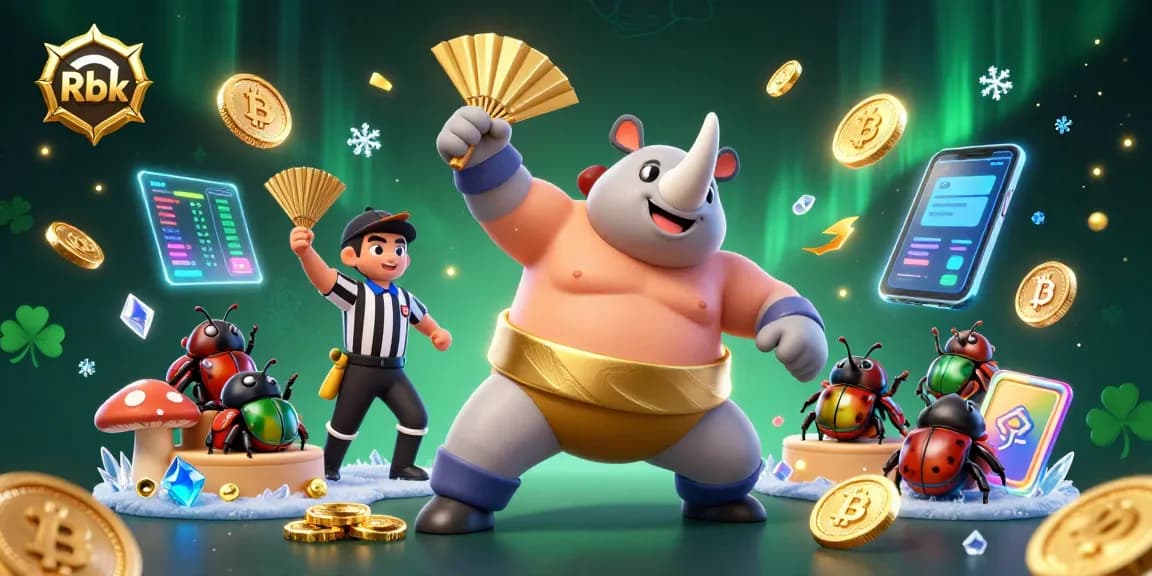 Rbk offers thrilling opportunities as a sumo champion beetle stomps gold coins in a dynamic casino scene.