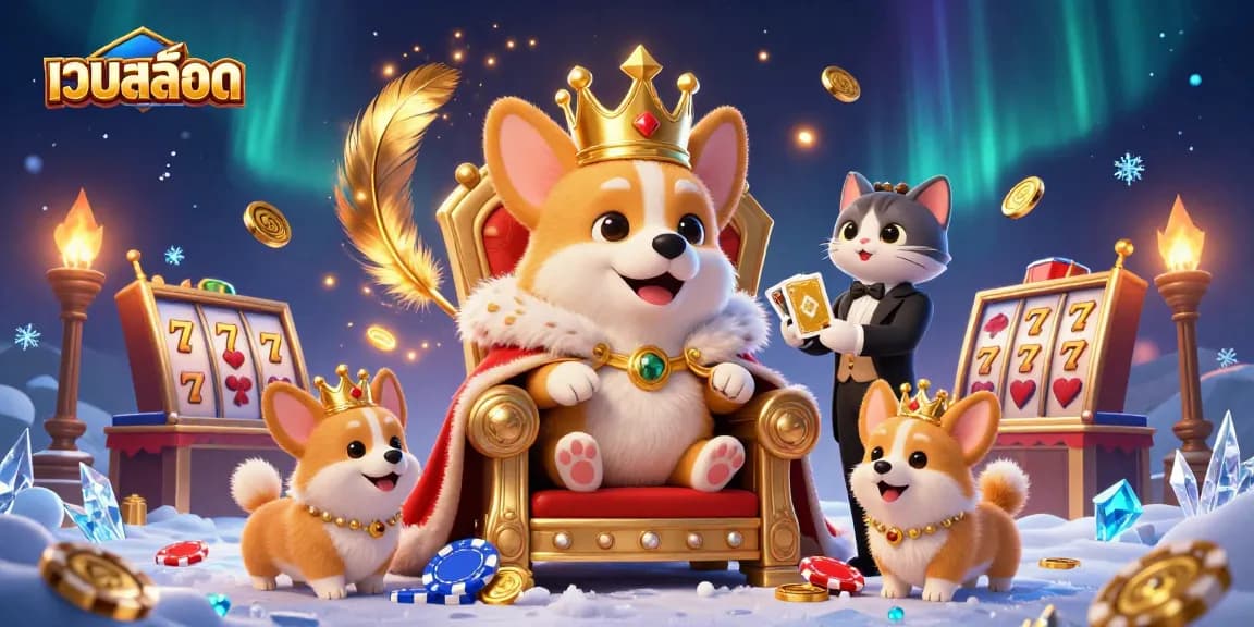 Spin and win big at เว็บสล็อต featuring a royal corgi on a throne surrounded by vibrant casino elements.