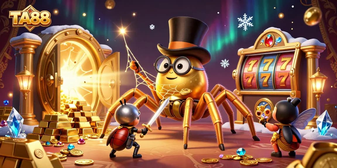 TA88 focuses on an exciting scene with a golden tarantula weaving a web among shimmering casino treasures.