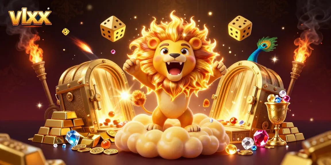 Spin the reels at vlxx with a roaring lion and dazzling treasures in this vibrant casino scene.