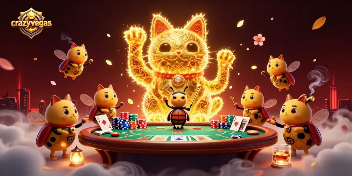 Experience excitement at crazyvegas with a lively gaming scene featuring a lucky cat and poker elements.