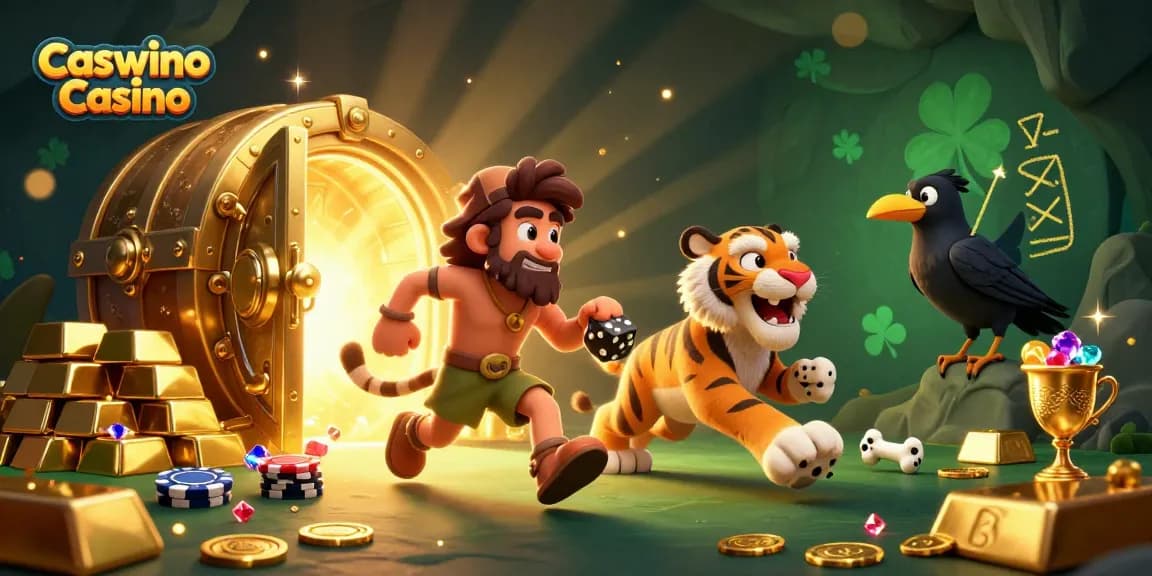 Experience the excitement of Caswino Casino with a unique 3D illustration of a caveman and sabertooth duo.