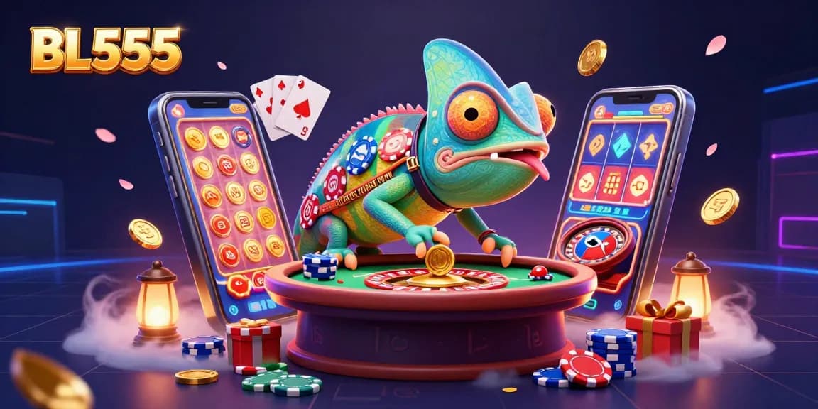 BL555 chameleon casino owner catching golden coins while showcasing vibrant gaming excitement.