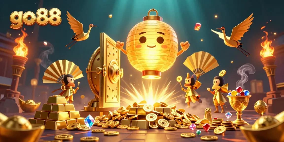 Play go 88 to claim treasures like gold bars and jewels in this dynamic casino illustration.
