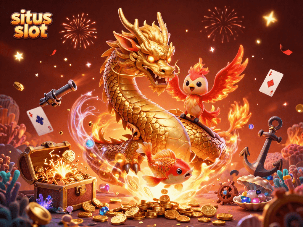Merasakan keseruan situs slot dengan naga emas, phoenix merah, dan ikan koi melompat di lautan koin.