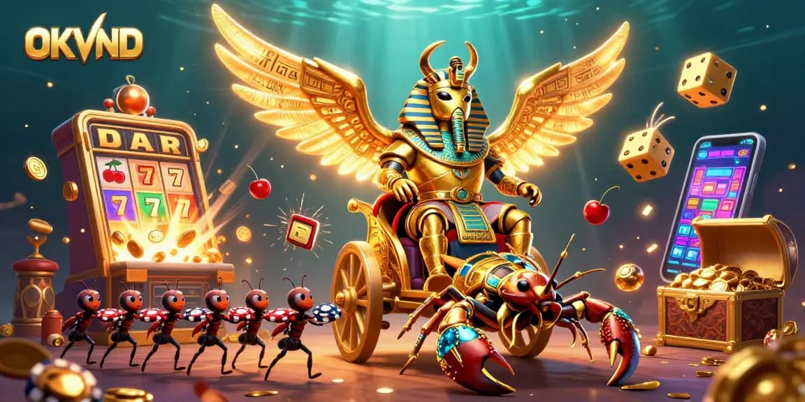 Experience the thrill of OKVND with enormous golden scorpions and dazzling casino elements.