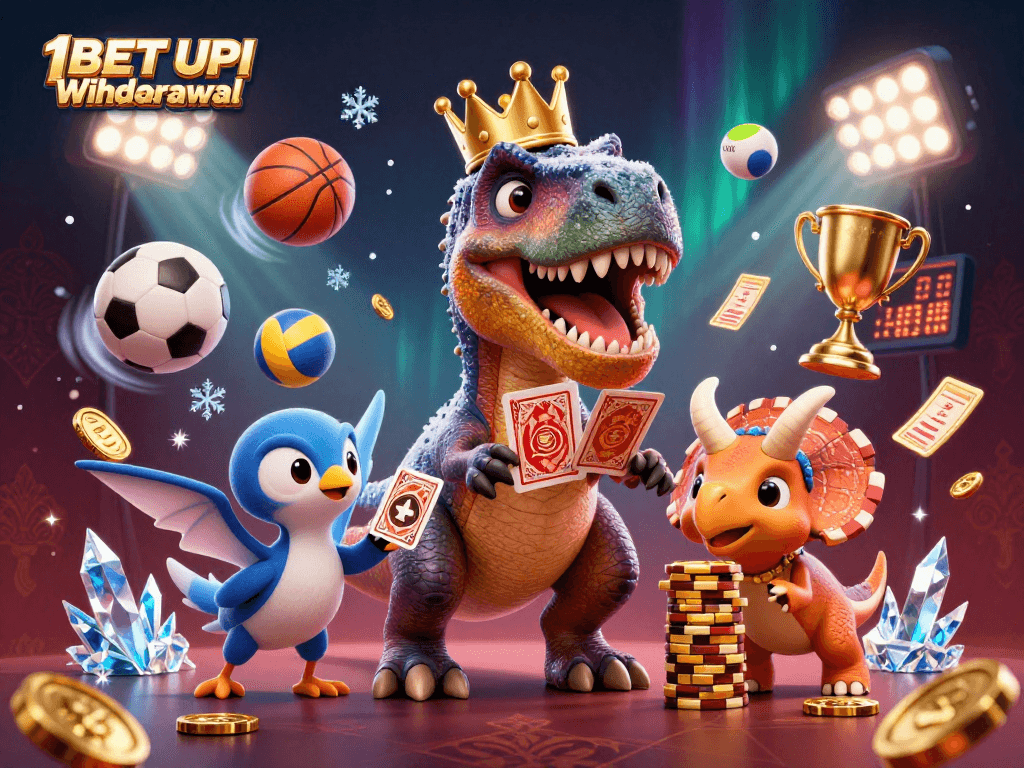 Engage with exciting 1BET UPI Withdrawal action in a vibrant 3D casino scene