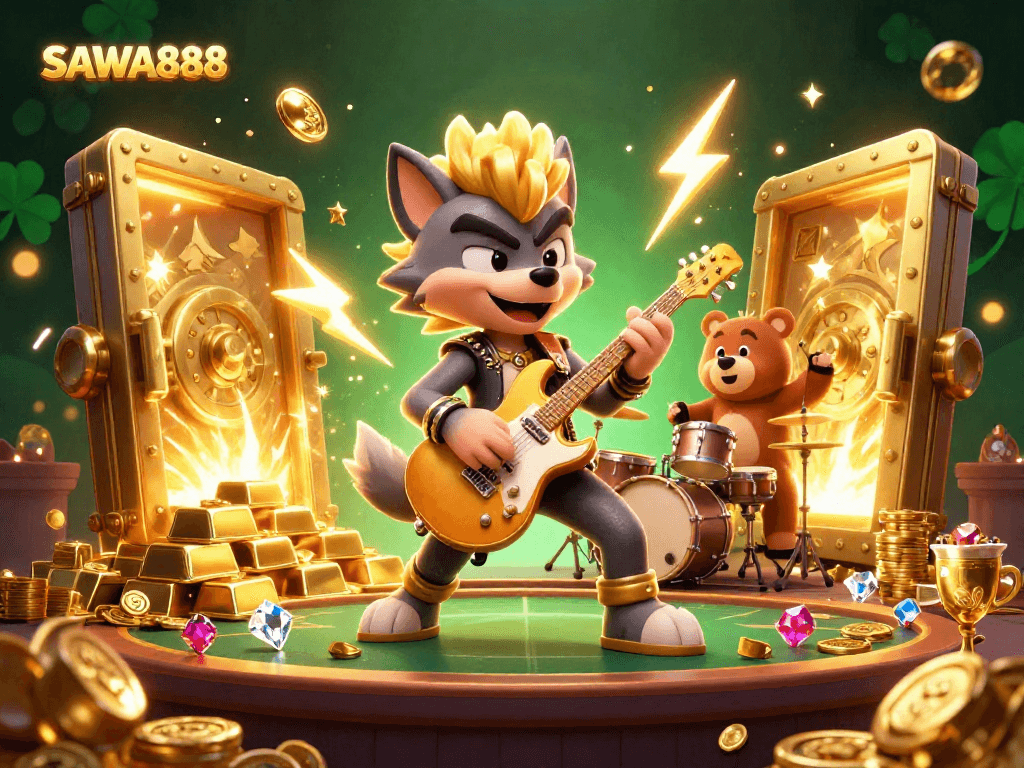 SAWA888 showcases a thrilling casino scene with vibrant characters and sparkling treasures, perfect for online gaming excitement.