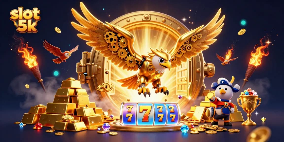 Experience excitement with slot 5k as a golden eagle dives amidst treasures and slot reels.