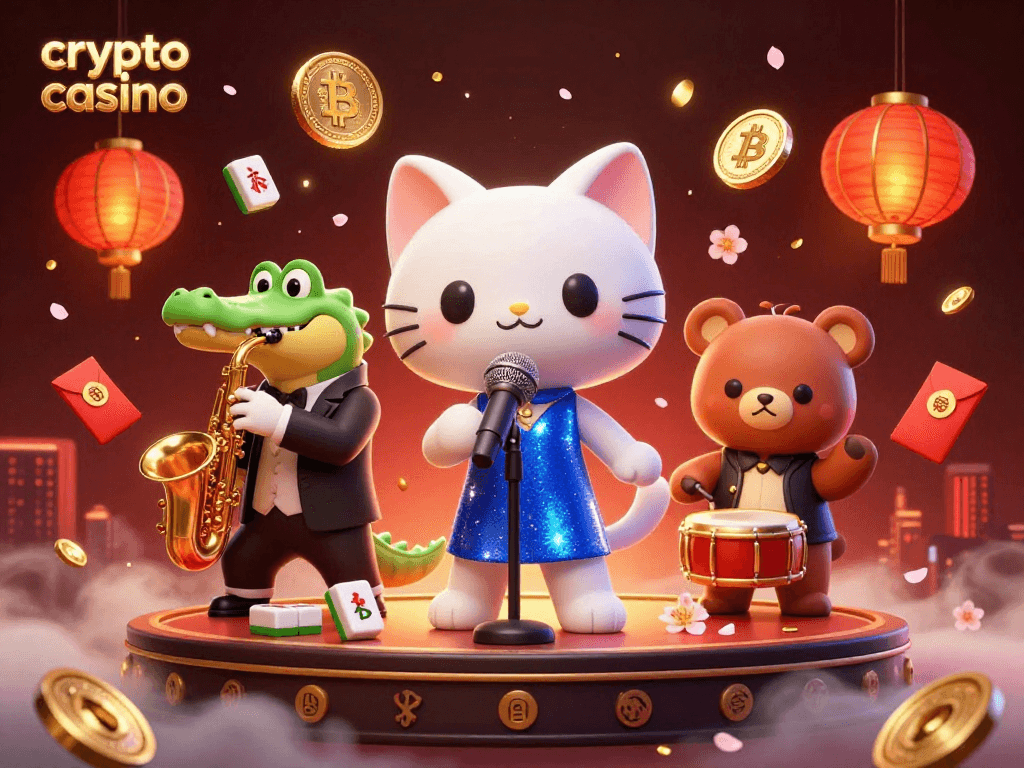 Engage in a vibrant crypto casino scene with cartoon characters, floating coins, and festive elements.