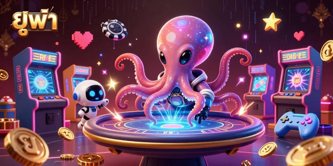 Experience the thrill of ยูฟ่า with a colorful 3D illustration of an alien octopus playing poker in space.