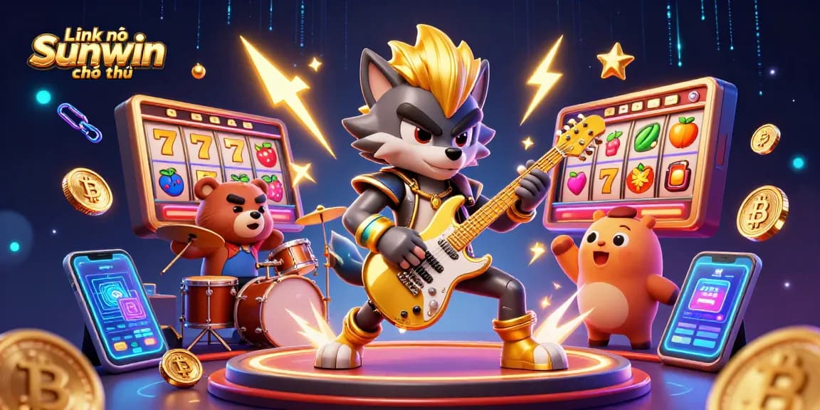 Link vào Sunwin chính thức depicted in a vibrant casino scene with a rock star wolf and drummer bear.