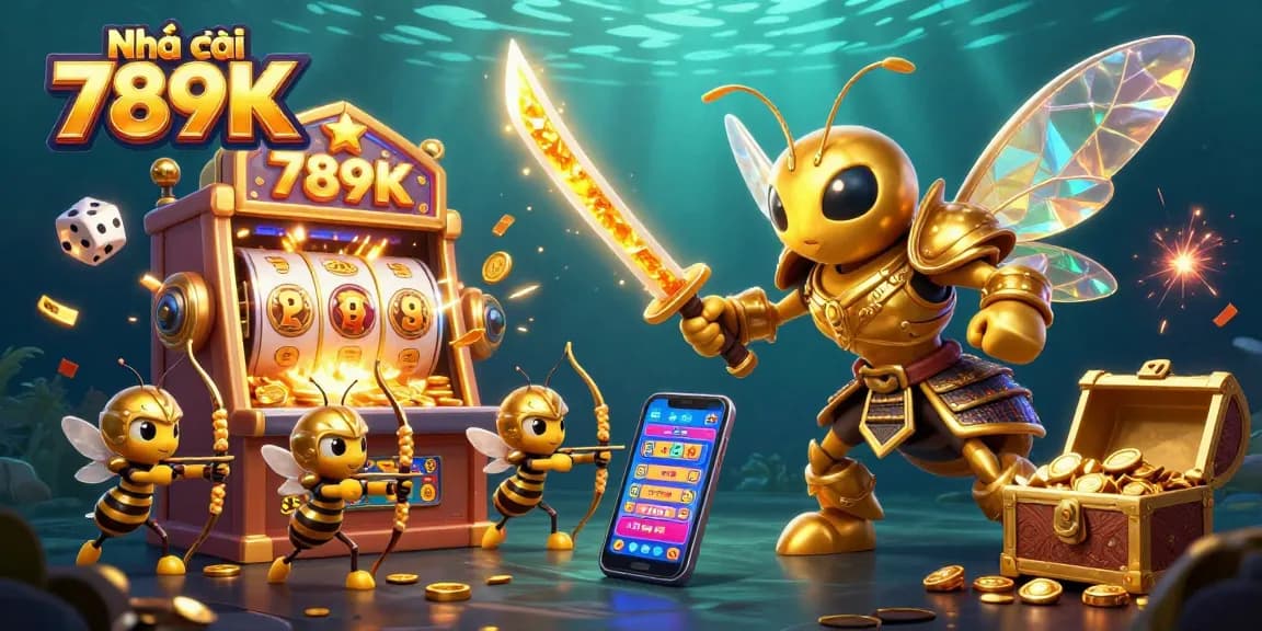 Experience thrilling gameplay with Nhà cái 789K featuring vibrant slot machines, golden dice, and energetic characters!