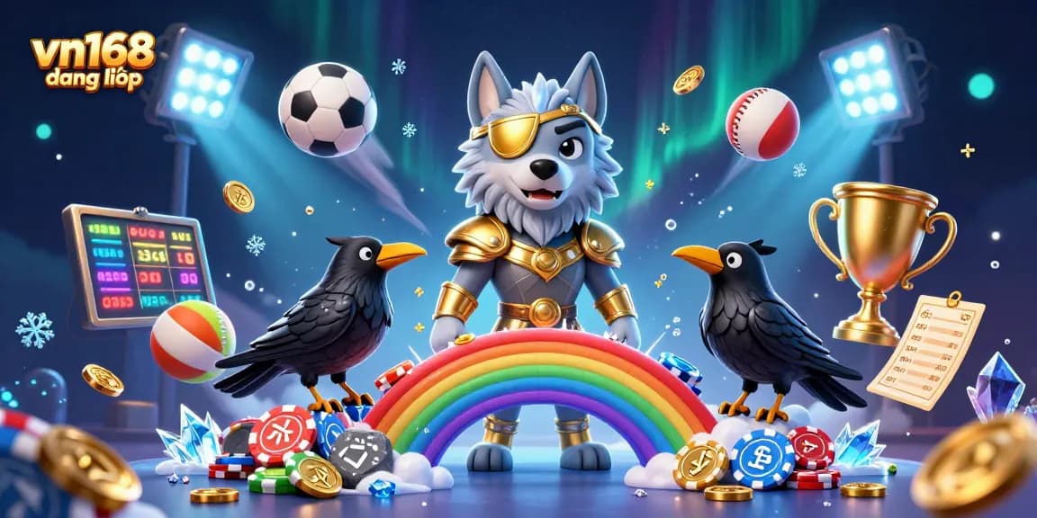 Experience vn168 đăng nhập with a vibrant scene of Odin and ravens amongst gaming elements and dynamic sports balls.