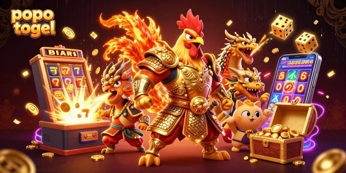 Engage with popo togel's thrilling graphics featuring a rooster warrior, dragon hatchling, and vibrant slot elements.