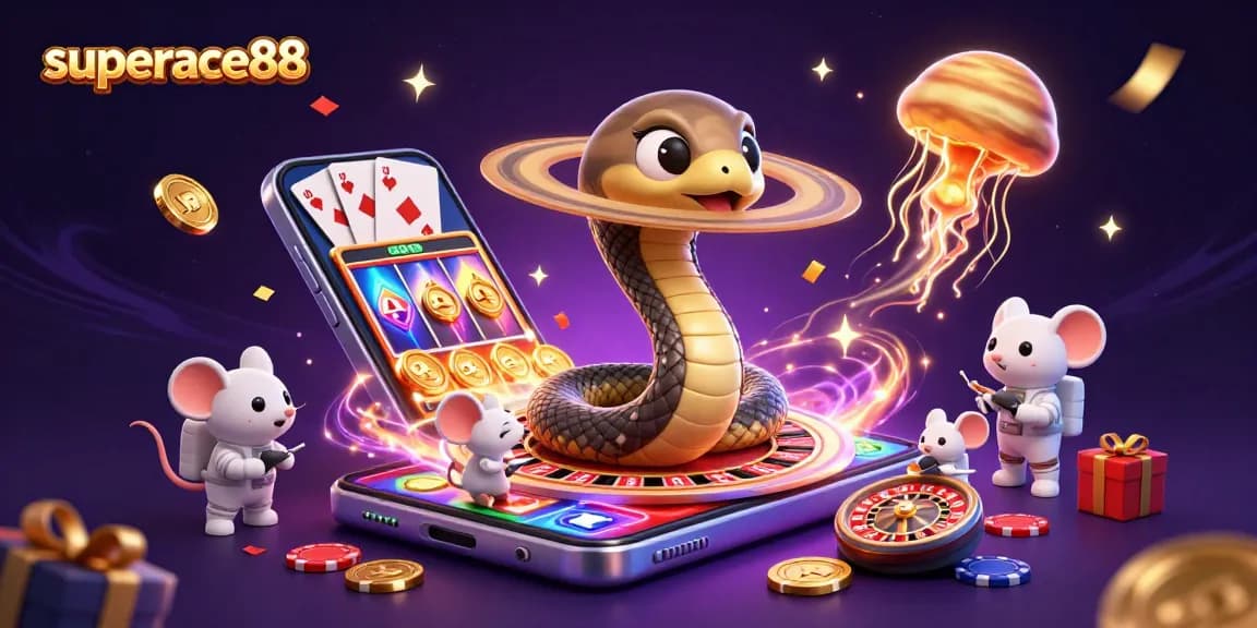 Experience gaming excitement with superace88 in a vibrant casino cosmos, where astronaut mice bet among cosmic elements.