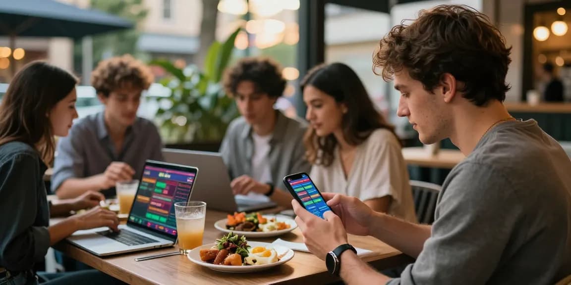 สมัครfun88 mobile betting in a vibrant café setting with friends enjoying their time.