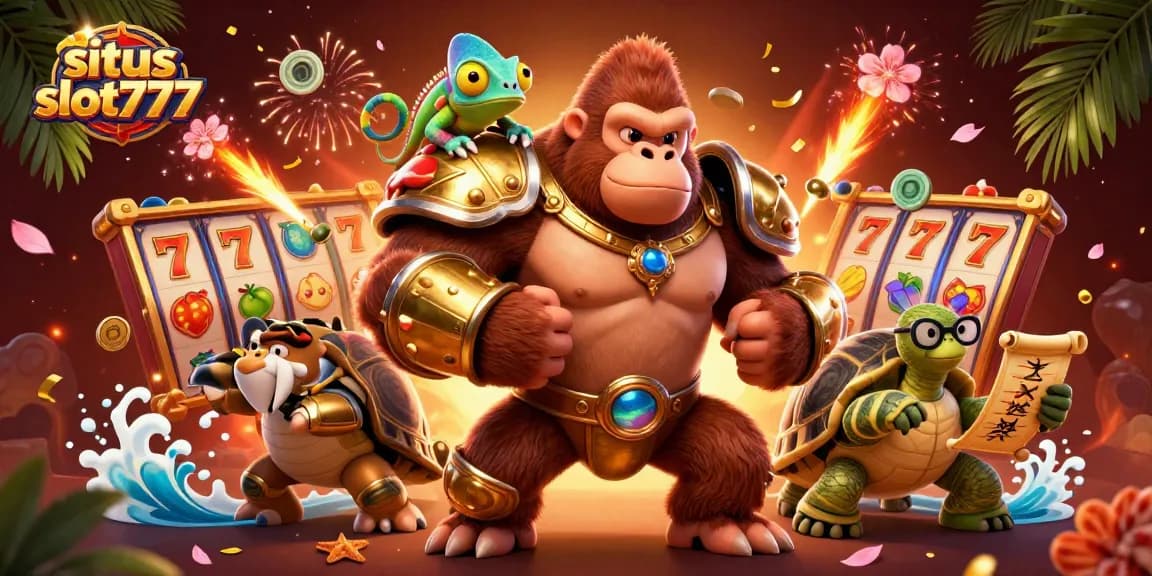 Experience the thrill of situs slot777 with vibrant slot reels, featuring a powerful gorilla king and dynamic characters.