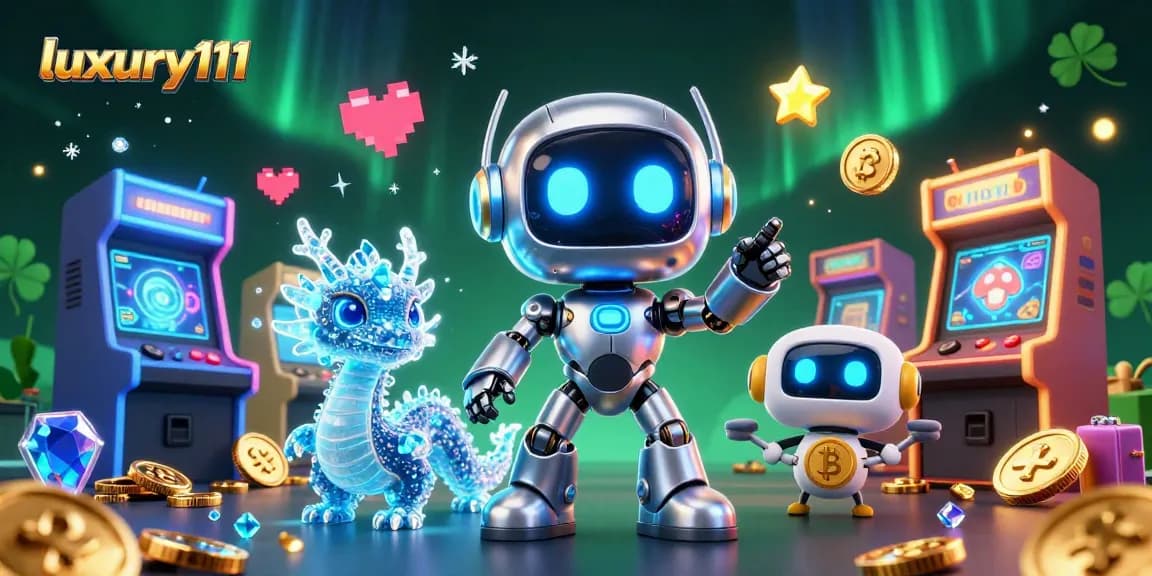 Experience luxury111's exciting gaming with a vibrant 3D cyberpunk scene featuring fun arcade elements and bitcoin rewards.
