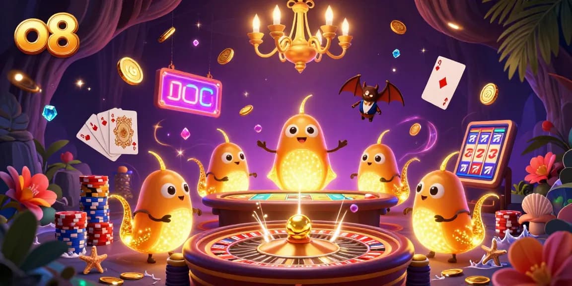 Experience thrilling action at O8's casino with glowing creatures spinning roulette and flying coins.